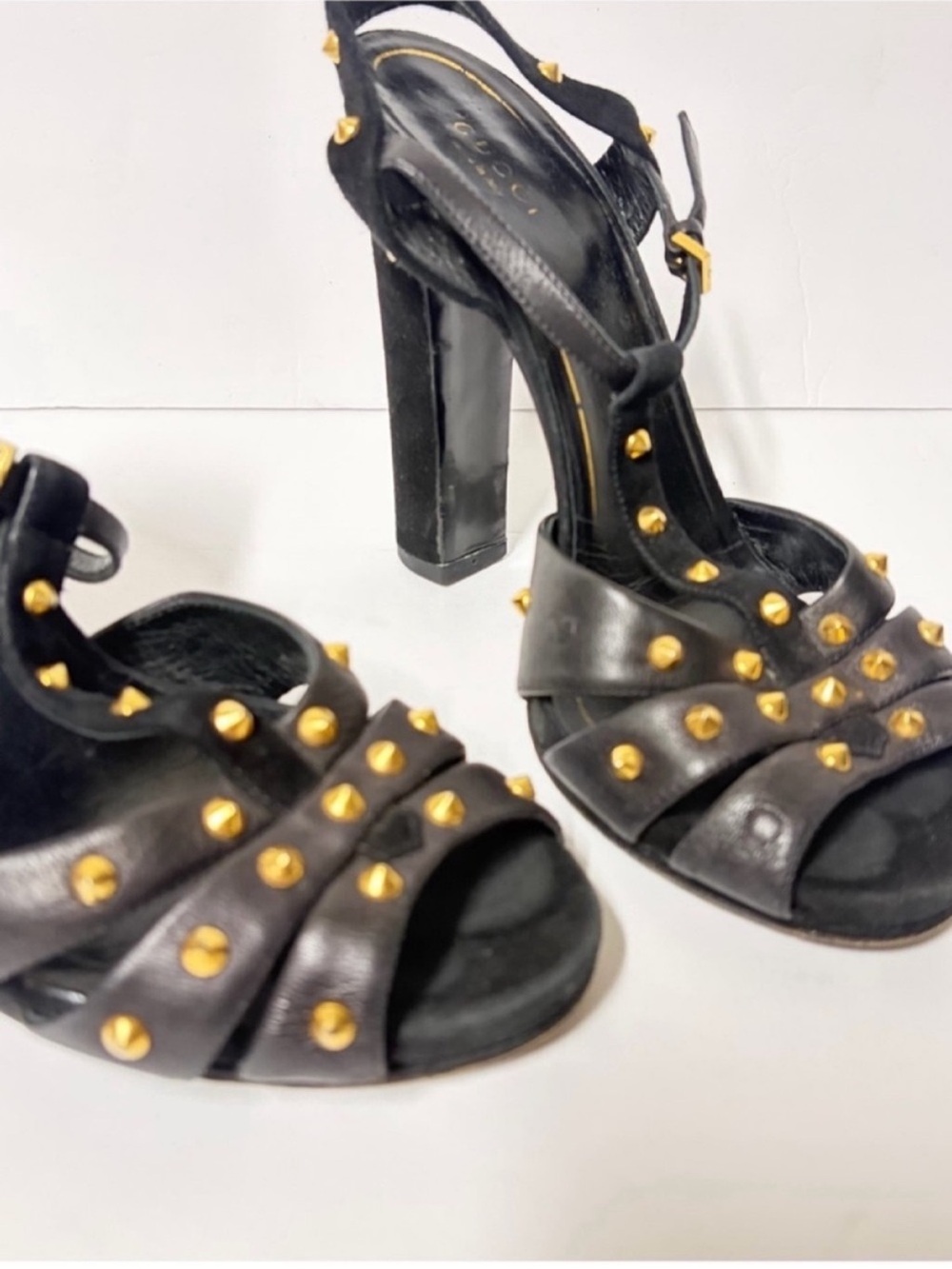 Gucci Black Leather Studded Block Heel Ankle T‑Strap Sandals